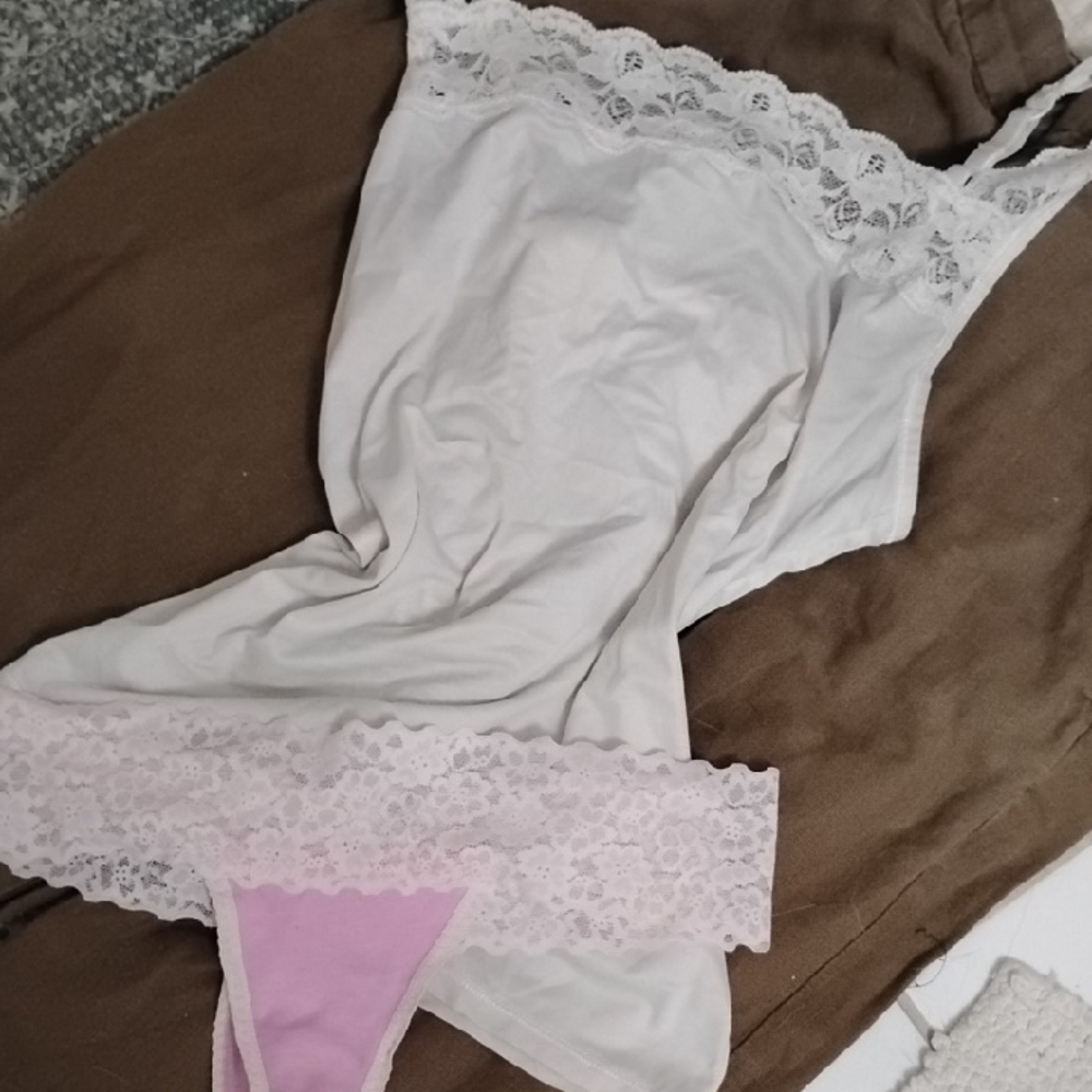 MMS Design Studio White and Pink Lace Chemise and Slip